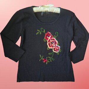 Y2K Black Beaded Sequin Sweater Size XL Floral Rose Design Whimsigoth